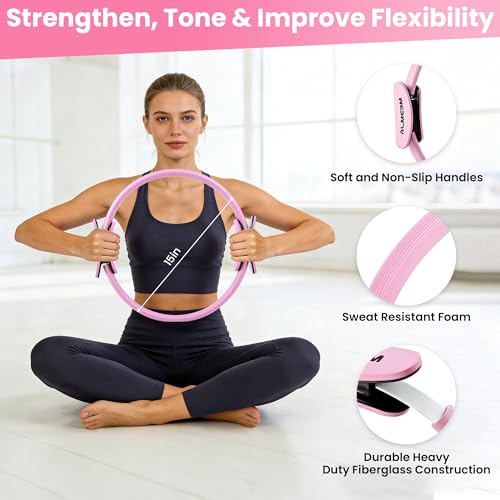 Pilates Ring Kit for Women and Men - 15 inch Magic Circle Exercise Ring and Ball Set for Home Workout Equipment - Dual Padded Handles Ring and Resistance Bands Set for All Fitness Lovers - color: PINK