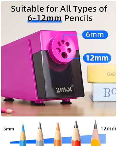 ZMOL Electric Pencil Sharpener,Heavy Duty for Classroom, 6-12mm,Pink | Auto Stop,6 Holes,Plug-in, 3 Tip Adjustments,Fits 6–12mm No.2 & Colored Pencils for School/Home/Teachers - color: Pink