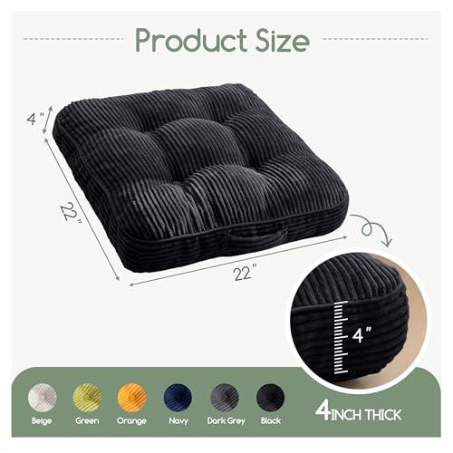 HIGOGOGO Floor Pillow Cushion for Adults, Meditation Cushion Pillow, Large Square Floor Sitting, Tufted Corduroy Cover, for Tatami Living Room or Yoga, 22x22 Inch, 2Pack, Black - color: Square Black, size: 4" Thick(Pack of 2)