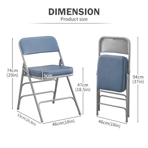 Padded Folding Chair Indoor Metal Frame Foldable Chair Blue | Comfortable Thick Vinyl Cushion Seat Durable Elegant Upholstered Single Chair for Small Space Home, Office and Events - color: Blue