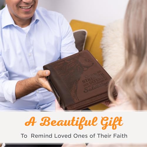 Christian Art Gifts Men's Classic Bible Cover The Lord is My Strength Lion Exodus 15:2, Brown Faux Leather, Large - size: Large