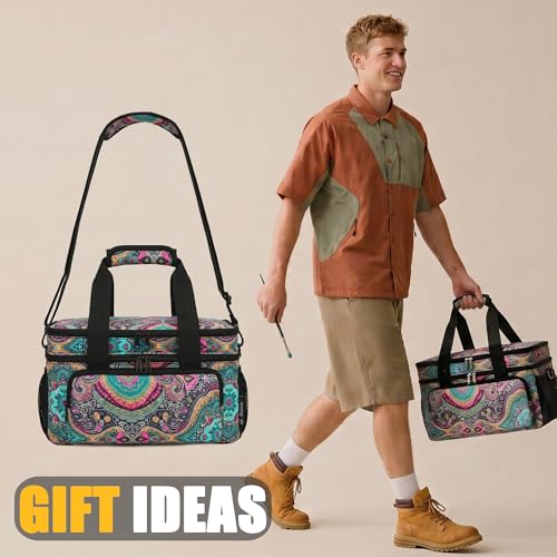 Acrylic Paint Organizer Bag, Holds 54 (2 oz) Bottles | Art Supply Storage Case with Handle and Shoulder Strap, Durable Fabric, Brush Pocket, Palette Board, Teal Paisley