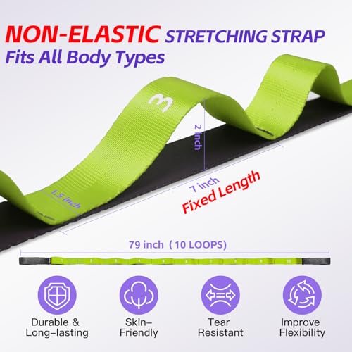 Non Elastic Stretching Strap with Loops - Yoga Straps for Physical Therapy, Durable Stretch Bands for Exercise, Flexibility Training, Hamstring & Leg Stretcher, Yoga/Pilates/Gymnastics - color: Green