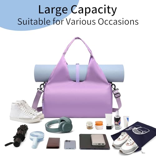 Handbag for Women Yoga Bag Large Capacity Yoga Pad Buckle with Shoe Compartment Water Bottle Sports Gym Bag Travel - color: C03-purple