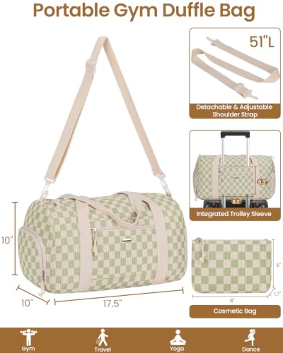 Vankor Gym Bag for Women, 17.5 inch Sports Duffle Bag with Shoe Compartment - color: Corduroy Checkered Light Green