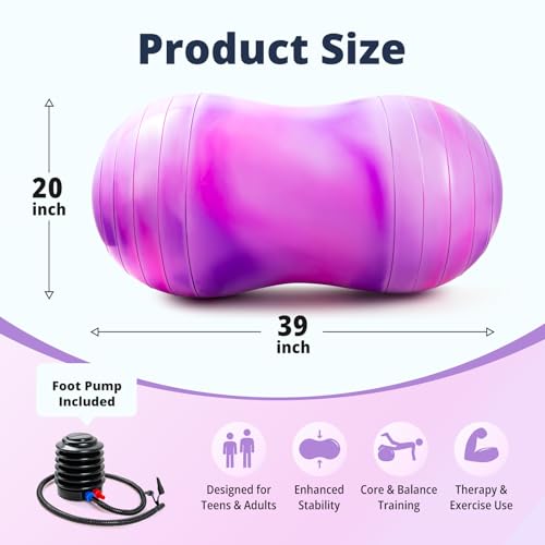 18''/20'' Peanut Ball for Kids & Adults, Anti-Burst Exercise Ball | Peanut Shaped Ball for Autism Sensory Training, Pregnancy & Physical Therapy, Yoga Balance Ball Chair for Fitness - color: Purple-pink, size: 20''(50cm*100cm)