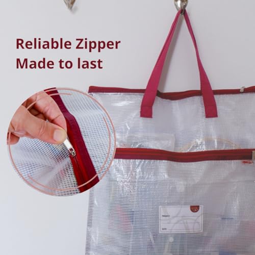 Madam Sew Project Bag - Craft Bag Organizer Tote with Handles, Two Pockets, See-Through Mesh, and Card Slot – Perfect for Quilting, Knitting, Stitching and Embroidery Projects Storage - 16”x16” - color: DARK RED