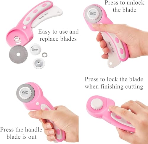 Rotary Cutter Set Pink- Quilting Kit incl. 45mm Fabric Cutter, 5 Replacement Blades, A1 Cutting Mat, Acrylic Quilting Ruler and Sewing Clips, Craft Knife Set, Ideal for Crafting, Sewing, Patchworking - color: Pink, size: A1 Rotary Cutter Set