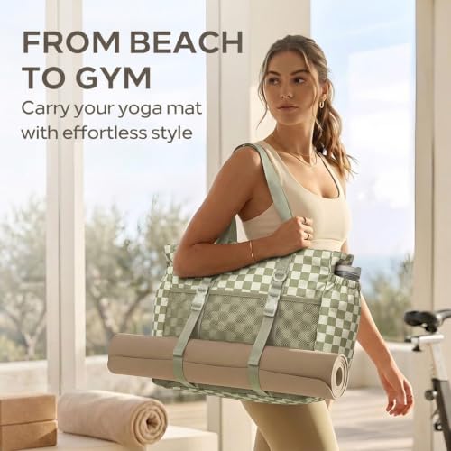 Omanmoli Beach Bag for Women Large Waterproof Sandproof Tote 40oz Holder | Anti-theft Lock & Chain,12 Pockets,2 Insulated Foil Pockets,Checkered,Cruise Travel Vacation Picnic Pool Work Gym,Checkered - color: Beige&green