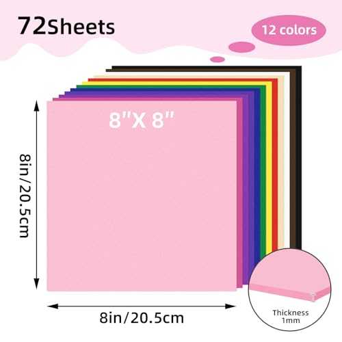 Conchpeople 72 Pack EVA Foam Sheets, 8x8in, 1mm DIY Craft Foam, 12 Colors | Soft EVA Foam, Easy to Cut for Scrapbooking, Party Decor, Handmade Projects, Versatile Craft Supply - color: 72 PACK-1MM-8x8IN