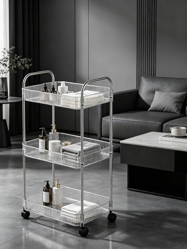 Sooyee Clear 3-Tier Plastic Rolling Utility Cart with Wheels | Multi-Functional Storage Cart Trolley, For Office, Bathroom,Living Room, Kitchen, Movable Storage Organizer - color: Clear, size: Wide 3 Tier