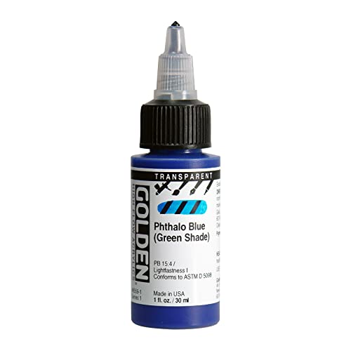 High Flow Acrylics by GOLDEN, Transparent Phthalo Blue (Green Shade), 1 fl. oz. Bottle, Professional Acrylic Paint, Transparent - color: Blue,Golden,Green,Transparent