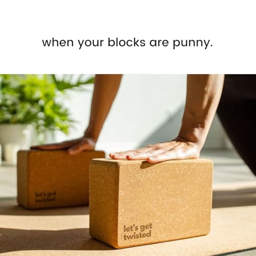 Cork Yoga Blocks 2 Pack – Premium Cork Grain, Highly Stable, Chip Resistant | Extra Large 4" x 6" x 9", No Wobble, Heavy Duty, Durable, Crumble-Free, Comfort Edges, Artisanally Crafted, Yoga Strap Set - color: Let's Get Twisted