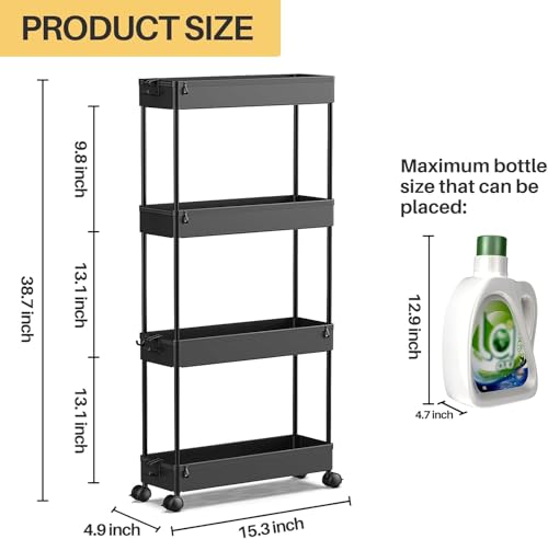 SPACEKEEPER Slim Rolling Storage Cart, 4 Tier Bathroom Cart Organizer,Black | Narrow Rolling Cart with Wheels for Kitchen Office Bathroom Laundry Room,Mobile Utility Cart for Craft Art Makeup Nail Polish - color: Black