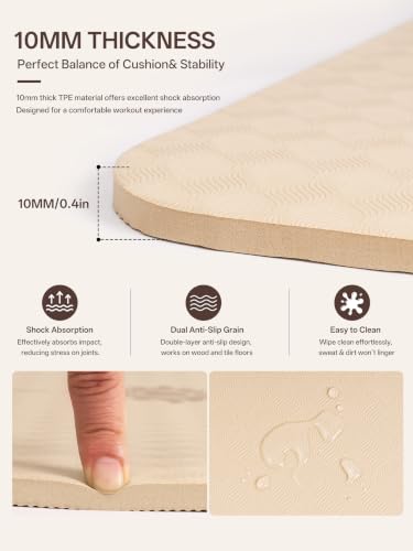 EaseUp Yoga Mat 73"x28"x0.4",10mm thick,Non Slip for Workout, Pilates - color: Beige