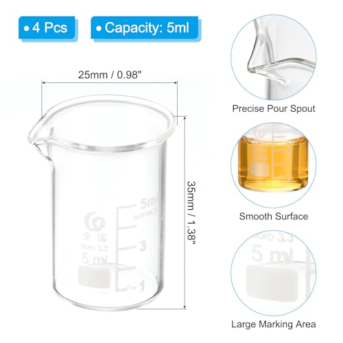 PATIKIL 5ml Low Form Glass Beaker, 4Pcs 3.3 Borosilicate Glass Beakers Graduated Measuring Cup with Spout for Lab Experiment, Cooking and Baking, Clear - size: 5ml