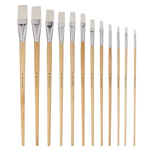 Jerry Q Art 12 PC White Synthetic Hair Flat Brush Set with Long Wood Handles for Watercolor and Acrylic JQ66051