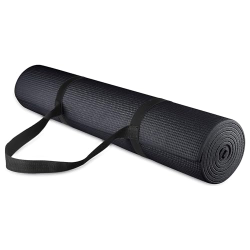 Fitvids All Purpose Thick High Density No Tear Exercise Yoga Mat with Strap & Lightweight Features for Indoor & Outdoor Use - color: Black
