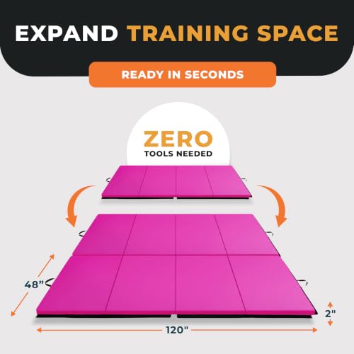 BalanceFrom 10x4 Feet 4-Panel Folding Gymnastics Mat – 2-Inch Thick Pad with Vinyl Surface and Carrying Handles for Tumbling, Yoga, Pilates, Home Workouts, and Martial Arts - color: Pink