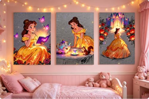3 Pack Glowing Diamond Art Kits for Adults, Disiney Glowing Princess Diamond Painting Kit for Adults and Kids, Full Round Drill Diamond Art Paintings Diamond Dot Gem Art Home Wall Decor (Multicolor 7) - color: Multicolor 7
