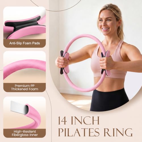 JELUTAR Pilates Kit for Women Home Workout, Pilates Equipment Set | 14”Pilates Ring and Ball, Fabric Resistance Bands, Exercise Band, Ankle Straps, Grip Socks Gym Accessories Fitness Essentials - color: Pink
