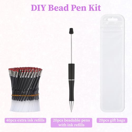 60 Piece Beadable Pens Bulk Set, Beaded Pens DIY with 20 Ballpoint Pen Sets and 40 Refills & Bags, Office Supplies for Office Art Crafts Journaling Party Favors Project Accessories Black - color: Black