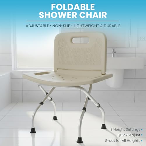 Yellow Ladybug Foldable Shower Chair - Adjustable Height Bath Stool with Non Slip Rubber Feet, Lightweight for Seniors & Mobility Support.
