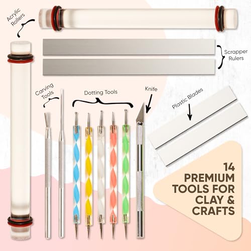 14 Pcs Clay Tools & Pottery Tools Kit, Polymer Clay Earring Making Kit | with Acrylic Clay Roller and Thickness Rings Clay Cutters for Jewelry Making & Air Dry Clay Tools Set - size: Pack of 14