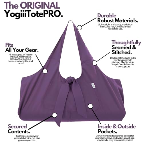 Yogiii Yoga Mat Bag | The ORIGINAL YogiiiTotePRO | Large Yoga Mat Bag or Yoga Mat Carrier with Side Pocket | Yoga Bag Fits Most Size Mats - color: Imperial Purple