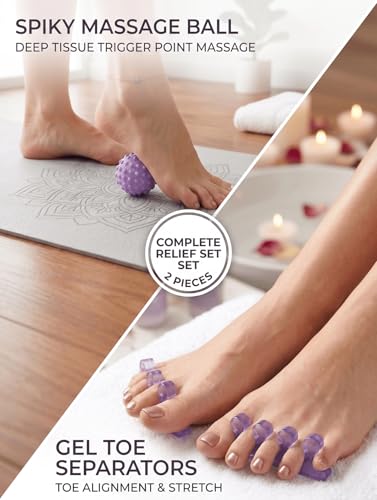4-Piece Toe Spreaders and Foot Massage Ball Kit | 2-Pair Gel Spacers, 2 Massage Balls, Foot Relaxation, Dancers, Runners, High Heels, Purple - color: Purple