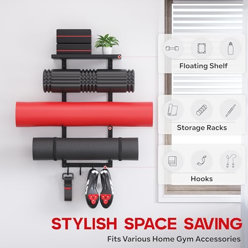 Yoga Mat Holder Wall Mount, Home Gym Storage Rack with Top Floating Shelf | 4-Tiers Fitness Accessories Organizer with Hooks for Foam Roller / Resistance Band / Workout Equipment/ Block / Pilates Strap
