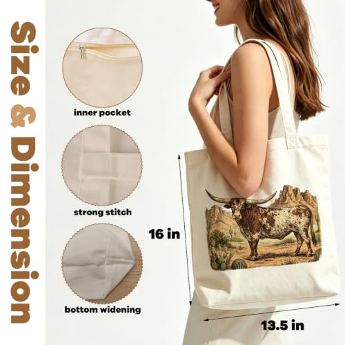 VICBOU Western Cow Skull Canvas Tote Bag for Women Girls, Cowgirl Shoulder Bag with Pocket for Beach Shopping Work - color: Longhorn