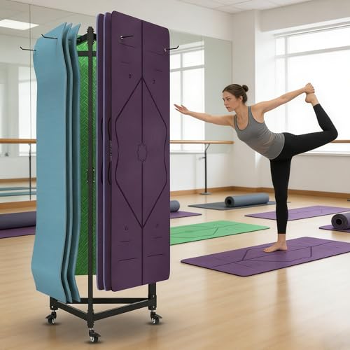 Hanging Yoga Mat Holder, Metal Double Sided Yoga Mats Storage Cart on Wheels, Floor Standing Pilates Mat Rack for Home Gym, Exercise, Yoga Studio, with Punching Tool