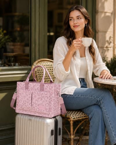 FIORETTO Canvas Tote Bag for Women with Zipper Closure & Individual Compartments for Work College for Teacher & Nurse - color: Leopard Blush, size: Large