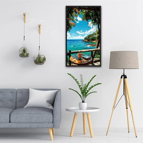 ARTGOTO Large Paint by Numbers for Adults Seaside Cafe View | 15.7x27.5inch/40x70cm Paint by Number Kit on Canvas, Tropical Ocean Balcony Acrylic Painting Set with Brushes, No Frame - color: PBN063