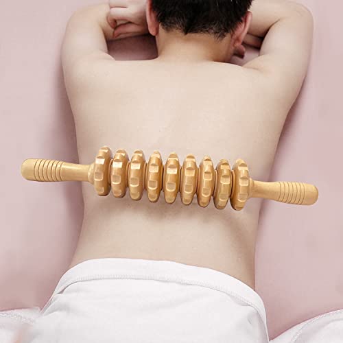 Manual Massager Wooden Handheld Roller Trigger Point Massager Stick for Fascia, Cellulite, Muscle & Abdomen, Body Therapy Massager, Muscle Belly Relief Tool, Natural Wood | Body Sculpting, 9-Wheel Massager for Legs and Thighs, Wooden Massage Tools for Tri