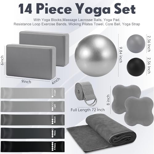 Simgoing 14 Pcs Yoga Kits for Home Workouts Pilates Equipment Set for Women Beginners, Hot Yoga Towel Blocks Strap, Knee Pad, Resistance Loop Exercise Band, Massage Lacrosse Ball, Pilates Ball - color: Gray