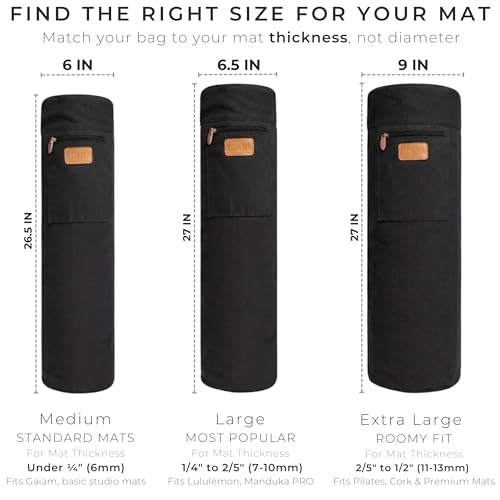 UDANA Canvas Yoga Mat Bag for Women & Men, Full-Zip Carrier with 3 Pockets & Adjustable Strap, Stylish Gym & Pilates Bag – Available in Multiple Sizes - color: Black, size: Large: 1/4" to 2/5" (7-10mm) Thick Mats