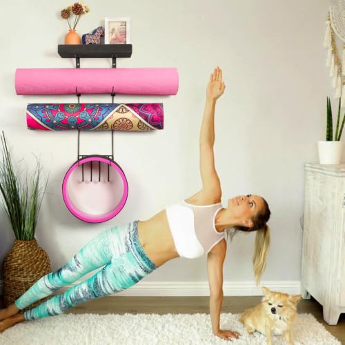 Bikoney Yoga Mat Holder Wall Mount Yoga Mat Storage Home Gym Accessories with Wood Floating Shelves and 4 Hooks for Hanging Foam Roller and Resistance Bands at Fitness Class or Home Gym Vintage Black - color: Vintage Black