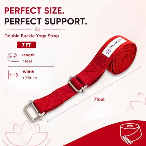 Yogikuti Double Buckle Yoga Strap - Adjustable Stretching Strap for Enhanced Flexibility in Yoga, Pilates, and Physical Therapy, Available in Various Colors and Lengths for All Fitness Levels - color: Red