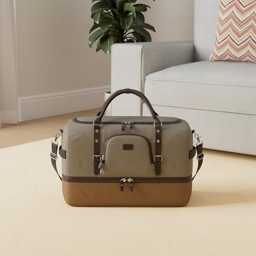Nerlion Green Large Weekender Overnight Duffel Bag with Shoe Compartment and Leather Accents - color: Green