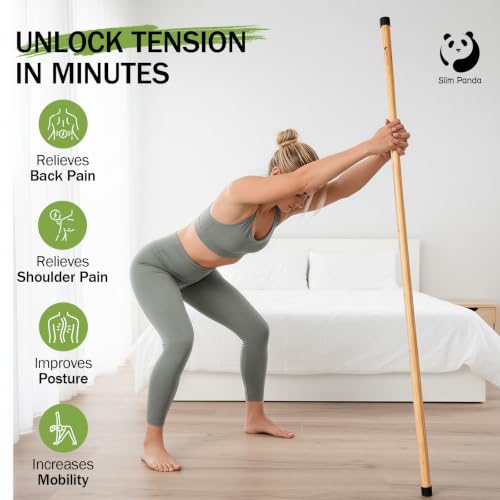 Slim Panda 5FT Yoga Stick - Natural Bamboo Stretching Stick with Non-Slip Caps - 1.57" Thick Exercise Balance Pole for Posture Correction & Physical Therapy