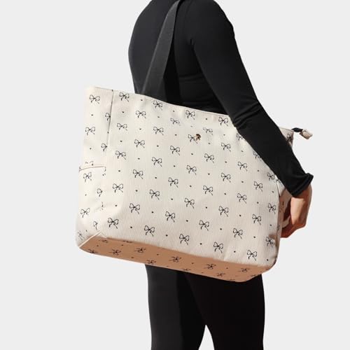 ESVAN LARGE BEACH BAG Water Resistant Lightweight 20 inch Women Oversize Tote Bag for Gym Beach Travel Pool Yoga Nurse - color: Corduroy Bow