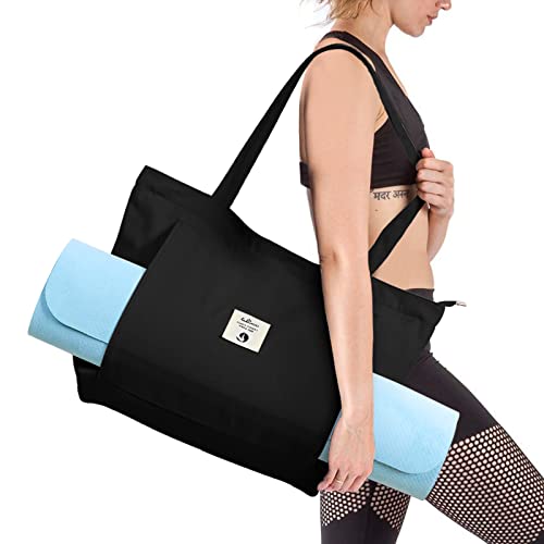 WLLWOO Yoga Mat Carrier Bag for Women Canvas Carryall Tote Gym Pilates | Large Holder Zipper Shoulder for Beach Travel Workout Fitness Office - color: black