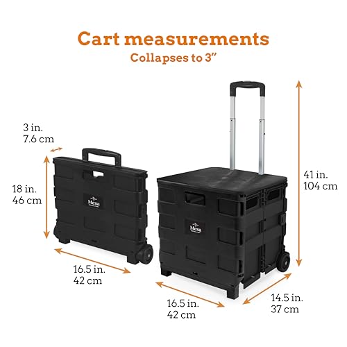 Inspired Living Collapsible Ultra-Slim Pack-N-Roll,2 Wheel Utility Cart w/Lid used as Seat up to 250 Lbs, Telescopic Handle - Super Strong, for Home, Garden, Shopping, Office, School use, Large, Black - color: Black, size: Large/ Lid