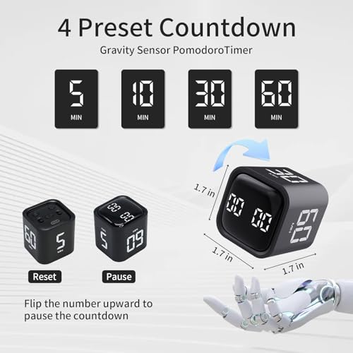 Productivity Timer Flip Gravity Sensor Cube Timer Countdown & Countup,Mute & Vibrate & Sound๏ผ5/10/30/60min & Custom Timing, Perfect for ADHD,Work,Learning,Kitchen Cooking (1Black) - color: Black
