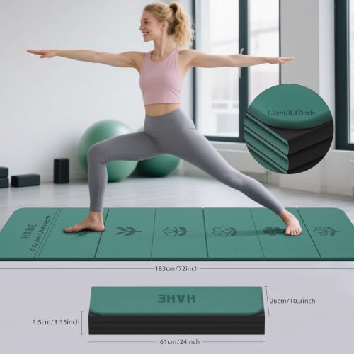 HAHE Extra Thick 7-Fold Yoga Mat, 72"x24"x0.47" TPE Exercise Mat | High Rebound & High Density Portable Mat for Women & Men, Non-Slip Travel Mat for Yoga, Pilates, Floor Exercise - color: Flower Dark Green + Black
