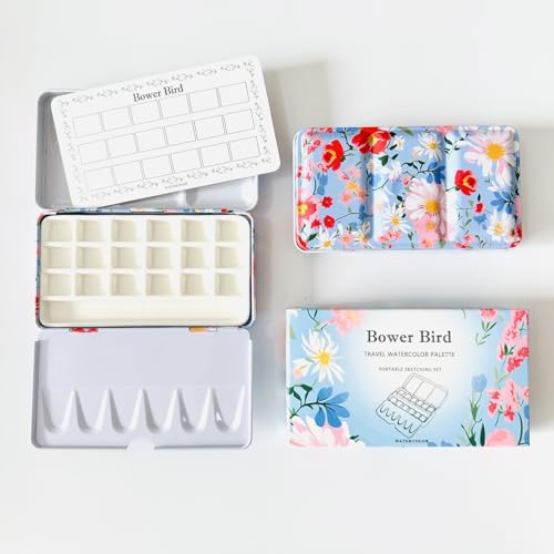 Bower Bird Travel Watercolor Palette,Portable Ceramic Palette 18 Well,Empty Paint Palette,Small Travel Metal Paint Boxwith Porcelain Palette - size: 18 Wells