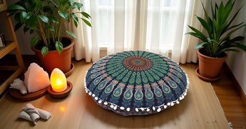 CRAFT KALA 22" Mandala Meditation Floor Pillows Cover Pouf Round Cover Seating Bohemian Mandala Cotton Floor Cushion Cover Outdoor Fireplace Seating Living Room Yoga Room Home Décor Blue Mirchi - color: Blue Yellow Peacock