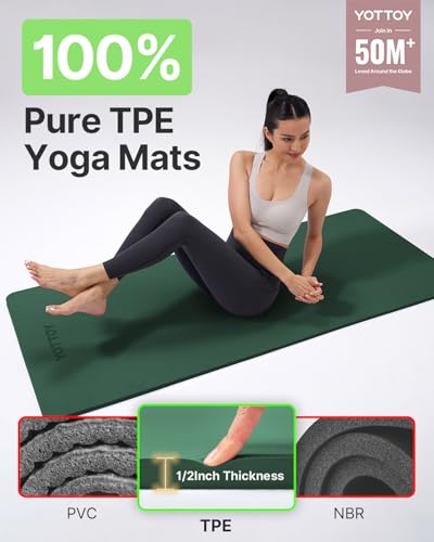 YOTTOY Yoga Mat,Extra Thick Yoga Mat (1/2inch),Professional TPE Exercise Mat,Non-Slip Workout Mat for Yoga, Pilates, Fitness, Barefoot Workouts, Home Gym Studio with Strap - color: Green, size: 72*24*1/2inch